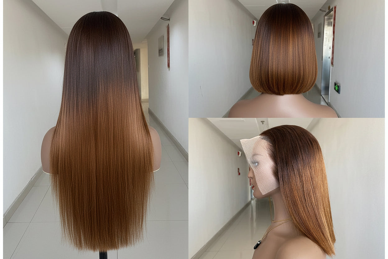 Ombre Honey Brown Vietnamese Bone Straight Wigs Double Drawn Colored Human Hair Wigs Raw Hair HD Transparent Lace Frontal Wig