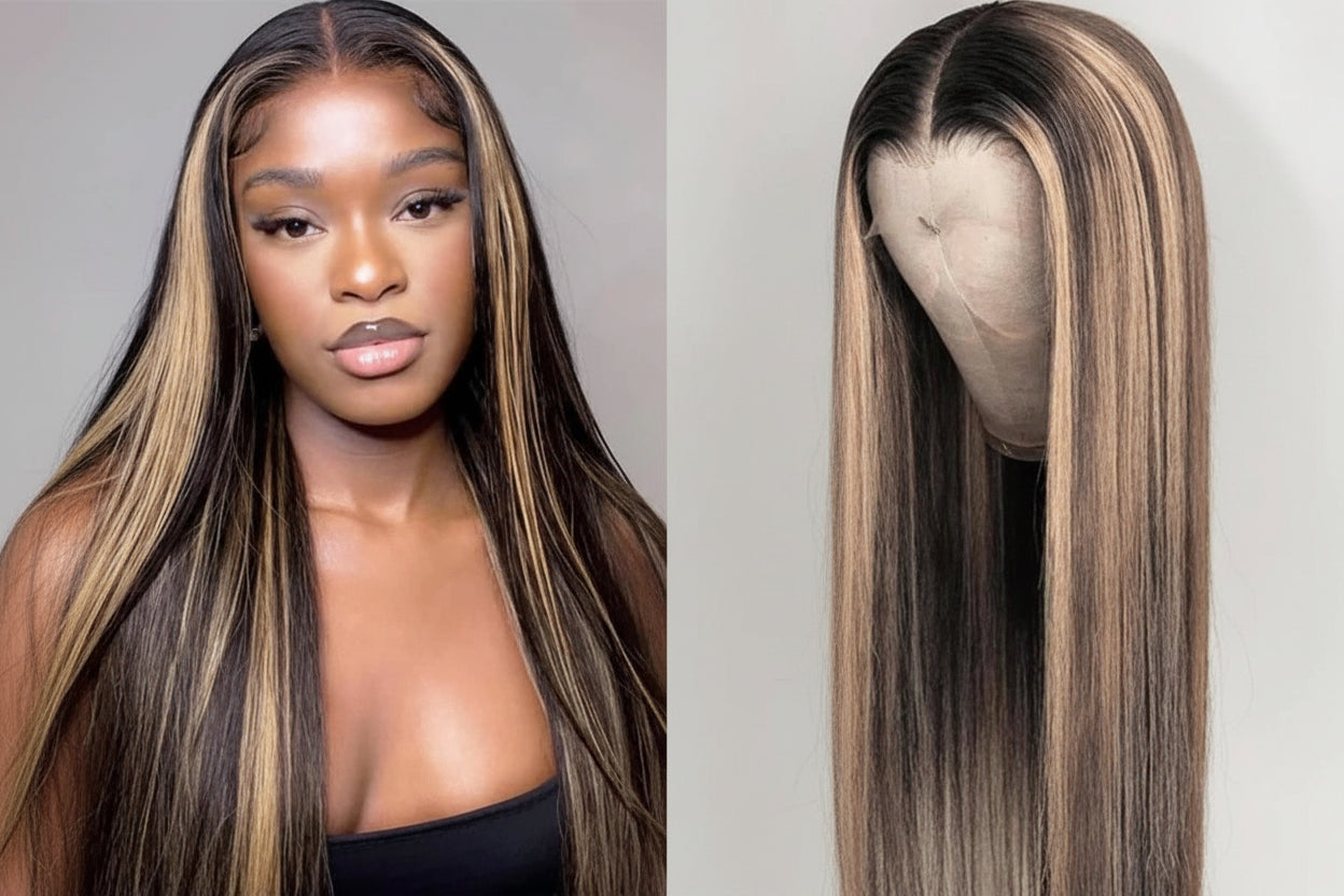 Vietnamese Double Drawn Straight Highlight Lace Frontal Wig Human Hair Honey Blonde Dark Root HD Transparent Lace Frontal Wigs