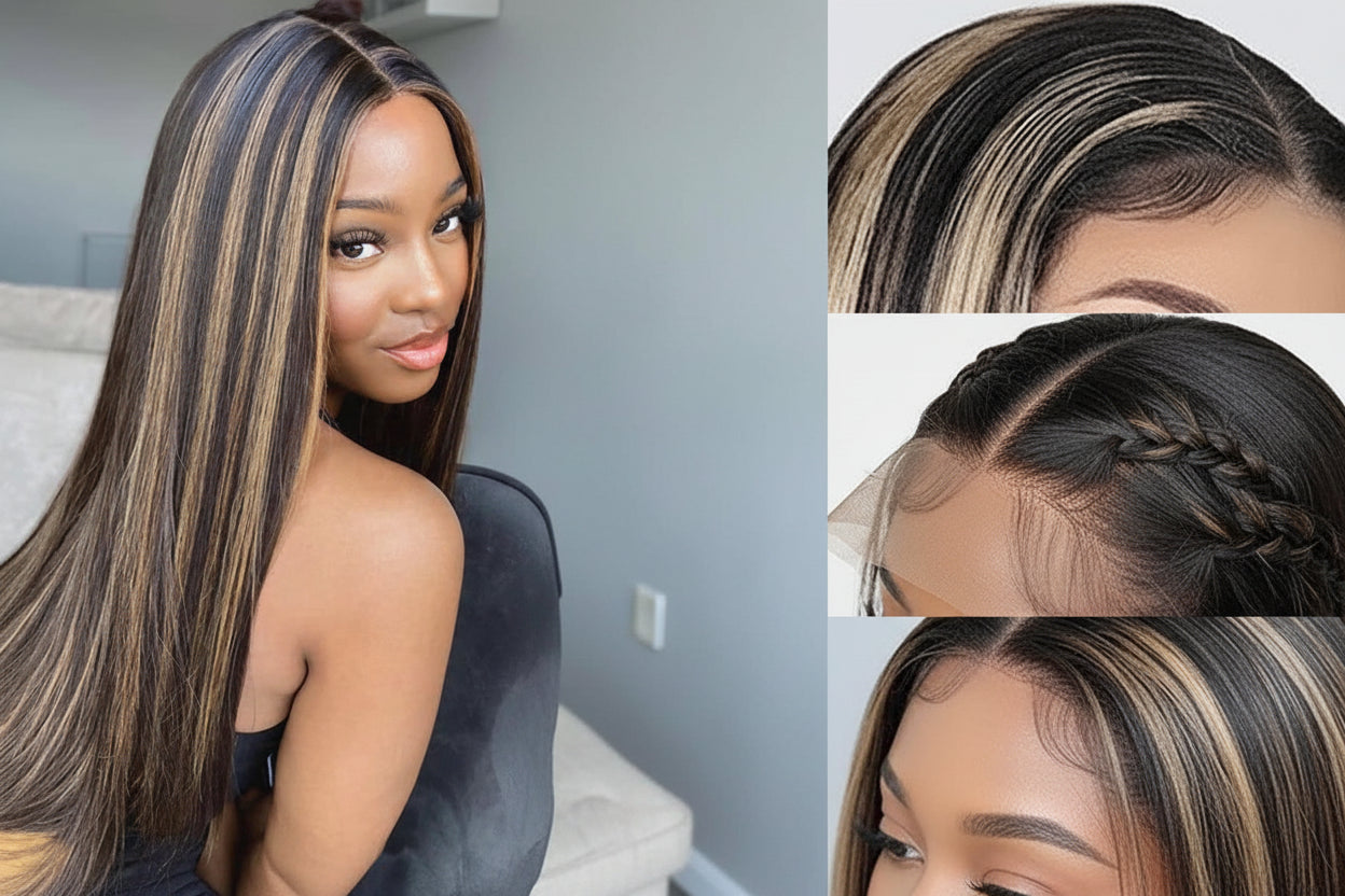 Vietnamese Double Drawn Straight Highlight Lace Frontal Wig Human Hair Honey Blonde Dark Root HD Transparent Lace Frontal Wigs