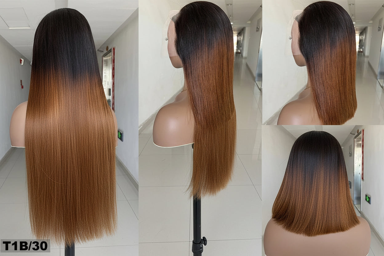 Ombre Honey Brown Vietnamese Bone Straight Wigs Double Drawn Colored Human Hair Wigs Raw Hair HD Transparent Lace Frontal Wig